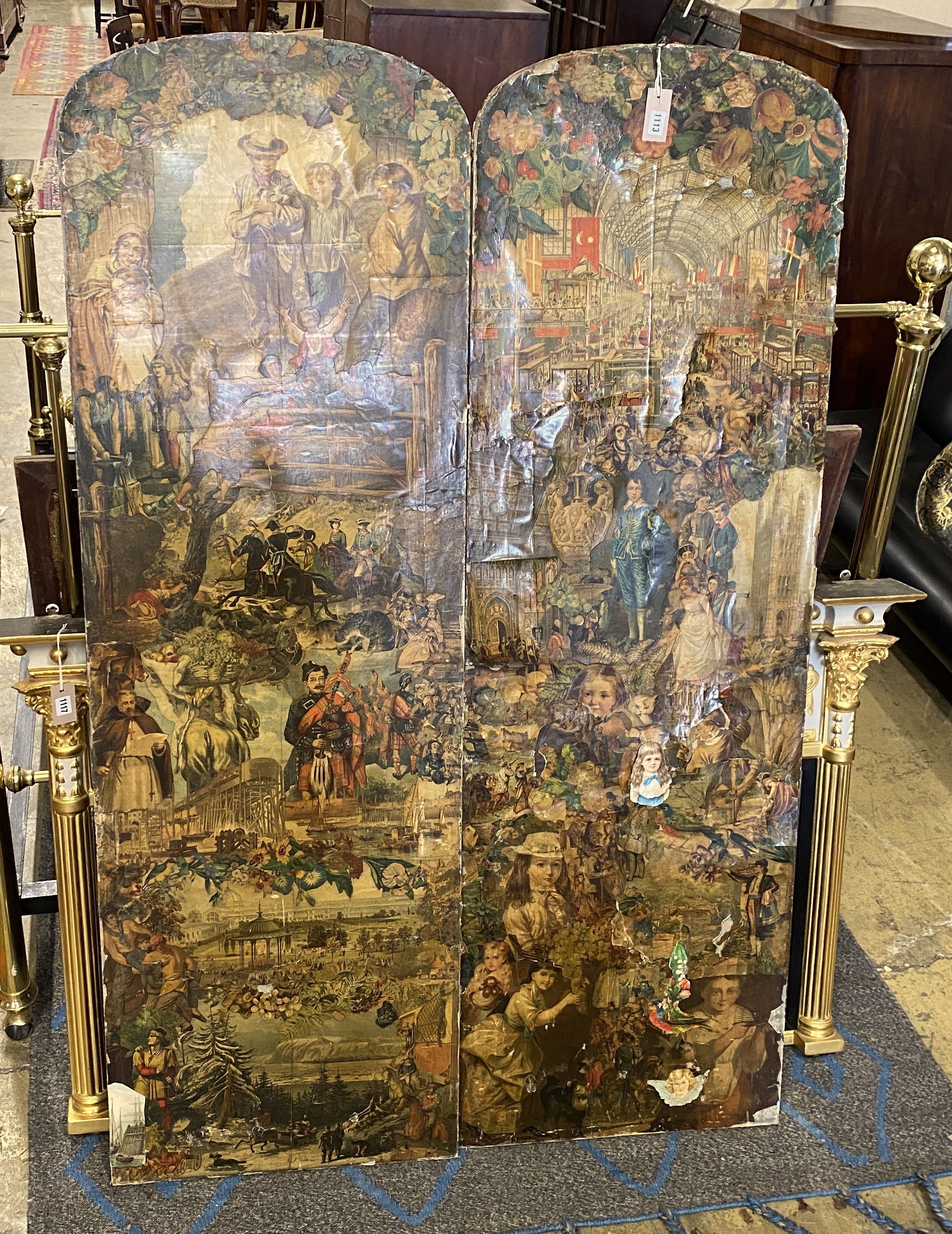 A Victorian decalcomania two fold draught screen (a.f.) each panel measuring width 56cm, height 152cm